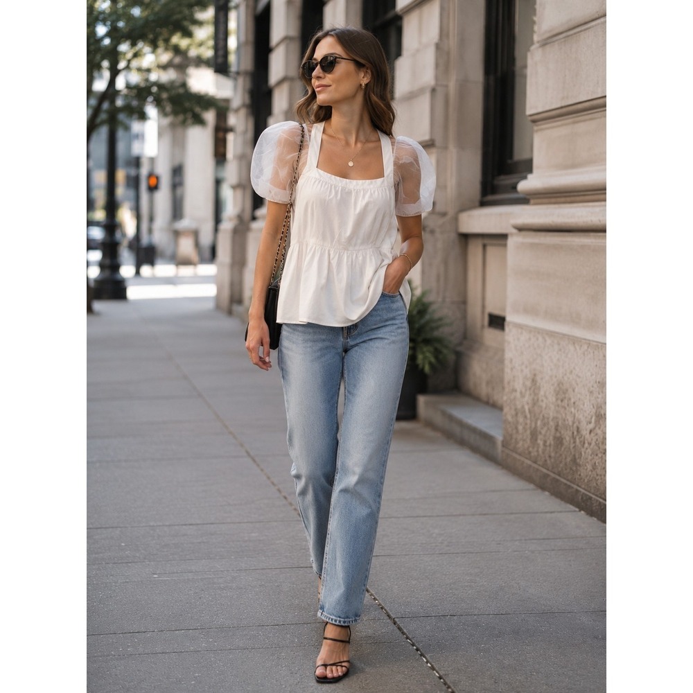 Tuckernuck Pomander Place Top Women Small Tinsley White Blouse Sheer Puff Sleeve